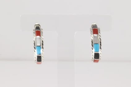 Native America Zuni Sterling Silver Multi-Color Stone Inlay Hoop Earring's By Malcolm Chavez.