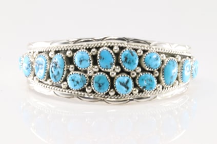 Native America Navajo Sterling Silver Kingman Turquoise Bracelet Cuff By Anita Whitegoat.