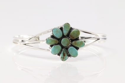 Native America Navajo Sterling Silver Turquoise Bracelet Cuff By Marie Bahe.