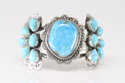 Native America Navajo Sterling Silver Kingman Turquoise Bracelet Cuff By Kee. J.