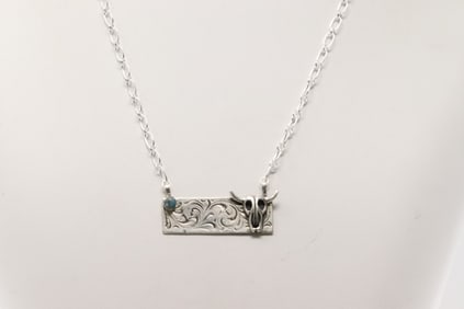 Native America Navajo Sterling Silver Turquoise Bull Skull Necklace By Annette Martinez.