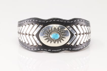 Native America Navajo Sterling Silver Turquoise Leather Bracelet Cuff By Armstrong.