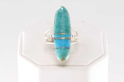 Native America Navajo Sterling Silver Turquoise Inlay Ring By H.Smith.