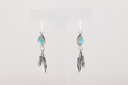 Native America Navajo Sterling Silver Turquoise Feather Dangling Earring's By Sharon McCarthy.