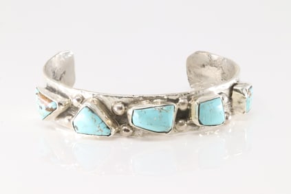 Native America Navajo Sterling Silver Kingman Turquoise Bracelet Cuff By Jude Candelaria.