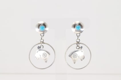 Native America Navajo Sterling Silver Turquoise Horse Head Post / Dangling Earring's By Gabrielle