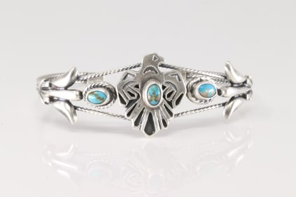 Native America Navajo Sterling Silver Turquoise Thunderbird Bracelet Cuff By Bobby Platero.