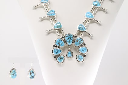 Native America Navajo Sterling Silver Kingman Turquoise Squash Blossom Necklace & Earring's Set By