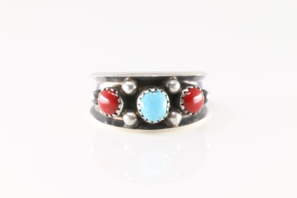 Native America Navajo Sterling Silver Coral & Turquoise Ring By Paul Largo.