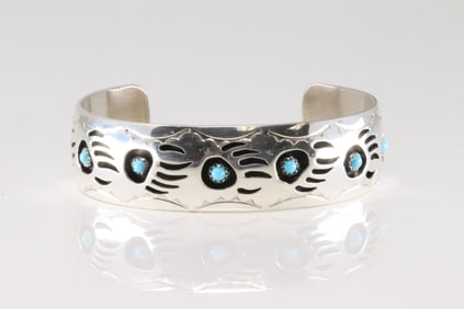 Native America Navajo Sterling Silver Bear Paw Turquoise Bracelet Cuff By Pearlene Spencer Talley.