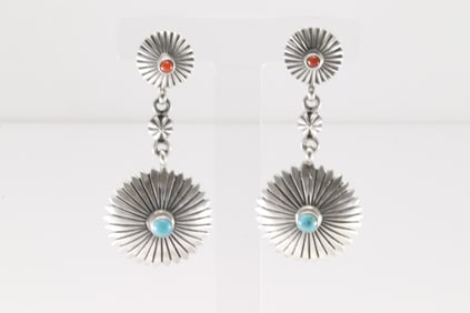 Native America Navajo Sterling Silver Coral & Turquoise Post / Dangling Earring's By Verley Betone.
