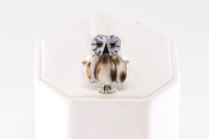 Native America Zuni Sterling Silver Multi-Color Stone Owl Ring By Regina Kallestewa.
