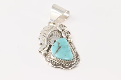 Native American Navajo Sterling Silver Kingman Turquoise Pendant By Julia Ettcity.