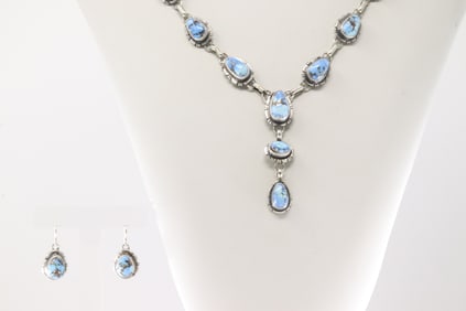Native America Navajo Sterling Silver Golden Hill Turquoise Necklace & Earring's Set By Thomas