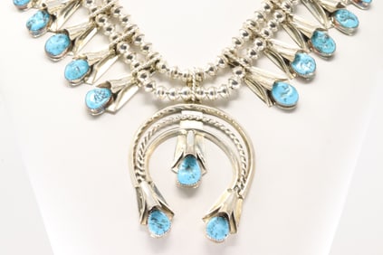 Native American Navajo Sterling Silver Turquoise Squash Blossom Necklace By L.Y.