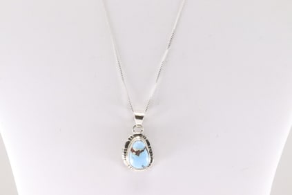 Native America Navajo Sterling Silver Golden Hill Turquoise Pendant with A 925 Necklace By J.F.