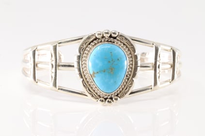 Native America Navajo Sterling Silver Kingman Turquoise Bracelet By Allanna Yellow.