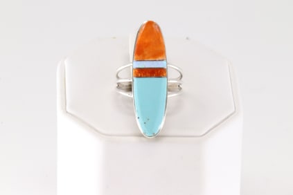 Native America Navajo Sterling Silver Multi-Color Stone Inlay Ring By H.Smith.