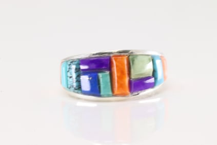 Native America Navajo Sterling Silver Multi-Color Stone Inlay Ring By Yazzie.