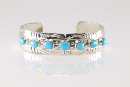 Native America Navajo Sterling Silver Turquoise Bracelet Cuff By S.