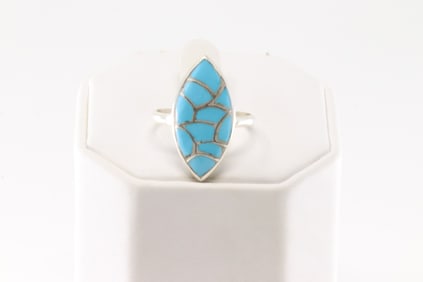 Native America Zuni Sterling Silver Turquoise Inlay Ring By O.L.