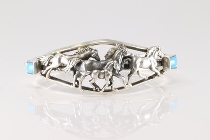 Native America Navajo Sterling Silver Turquoise Horses Bracelet Cuff By Bobby Platero.