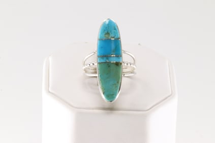 Native America Navajo Sterling Silver Turquoise Inlay Ring By H.Smith.