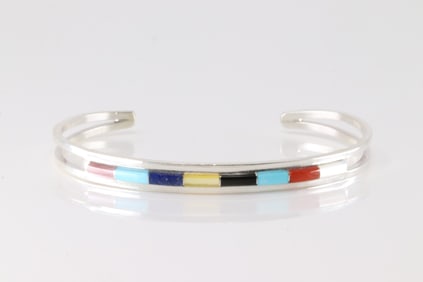 Native America Zuni Sterling Silver Multi-Color Stone Inlay Bracelet Cuff By A.W.L.