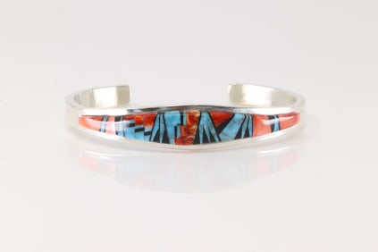 Native America Navajo Sterling Silver Multi-Color Stone Inlay Bracelet Cuff By C.W.