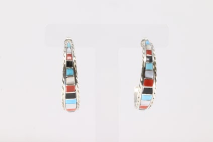 Native America Zuni Sterling Silver Multi-Color Stone Inlay Hoop Earring's By Malcolm Chavez.