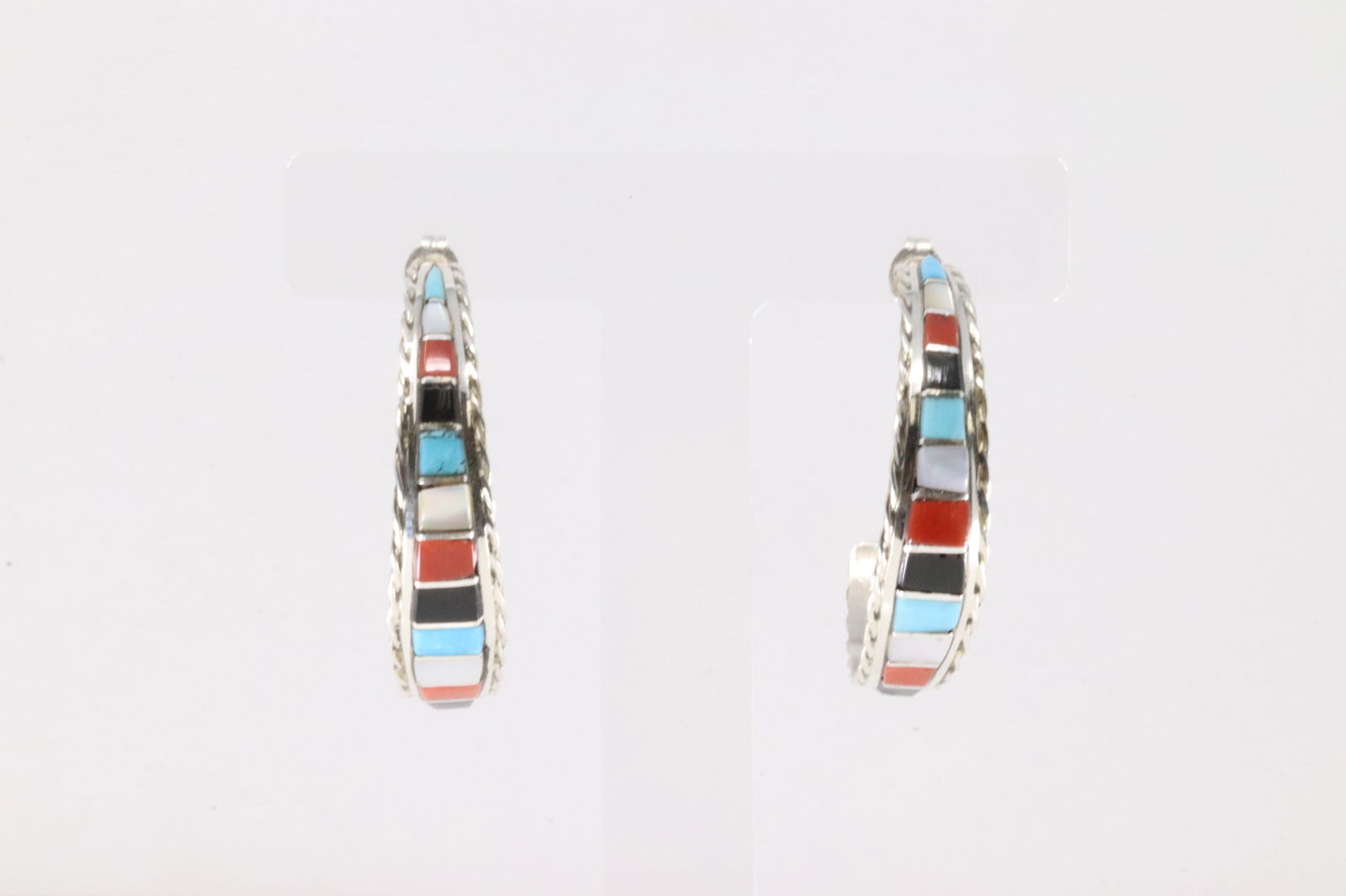 Native America Zuni Sterling Silver Multi-Color Stone Inlay Hoop Earring's By Malcolm Chavez. (1 of 4)