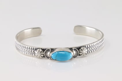 Native America Navajo Sterling Silver Turquoise Bracelet Cuff By M.Spencer.