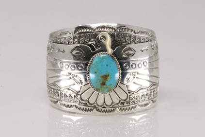 Native America Navajo Sterling Silver Turquoise Thunderbird Bracelet Cuff By Evelyn Bahe.