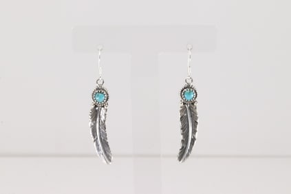 Native America Navajo Sterling Silver Turquoise Feather Dangling Earring's By Sharon McCarthy.