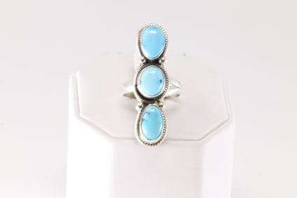 Native America Navajo Sterling Silver Turquoise Ring 3 Stone By S.