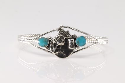 Native America Navajo Sterling Silver Turquoise Bracelet Horse and Cow Boy Design Cuff By Marie