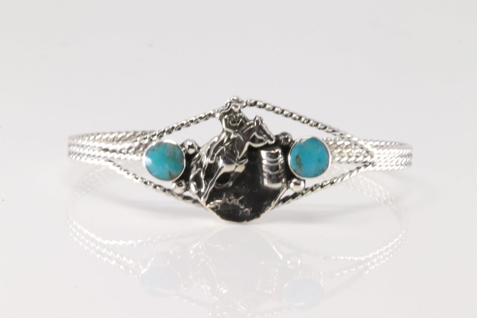 Native America Navajo Sterling Silver Turquoise Bracelet Horse and Cow Boy Design Cuff By Marie (1 of 4)