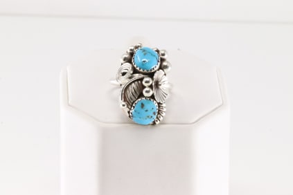 Native America Navajo Sterling Silver Turquoise Ring Floral By Max Calladitto.