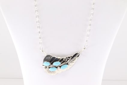 Native American Navajo Sterling Silver Turquoise Leaf Necklace By Jimmy Garcia.