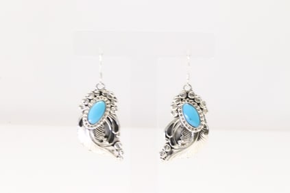 Native America Navajo Sterling Silver Turquoise Leaf Dangling Earring's By Annete Martinez.