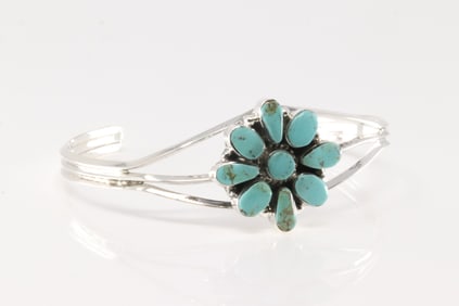 Native America Navajo Sterling Silver Turquoise Bracelet Cuff By Marie Bahe.