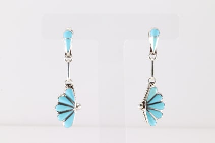 Native America Zuni Sterling Silver Turquoise Inlay Post / Dangling Earring's By RVN.
