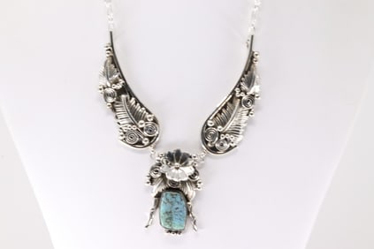 Native America Navajo Sterling Silver Turquoise Necklace By Loretta Delgarito.