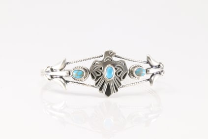 Native America Navajo Sterling Silver Turquoise Thunderbird Bracelet Cuff By Bobby Platero.
