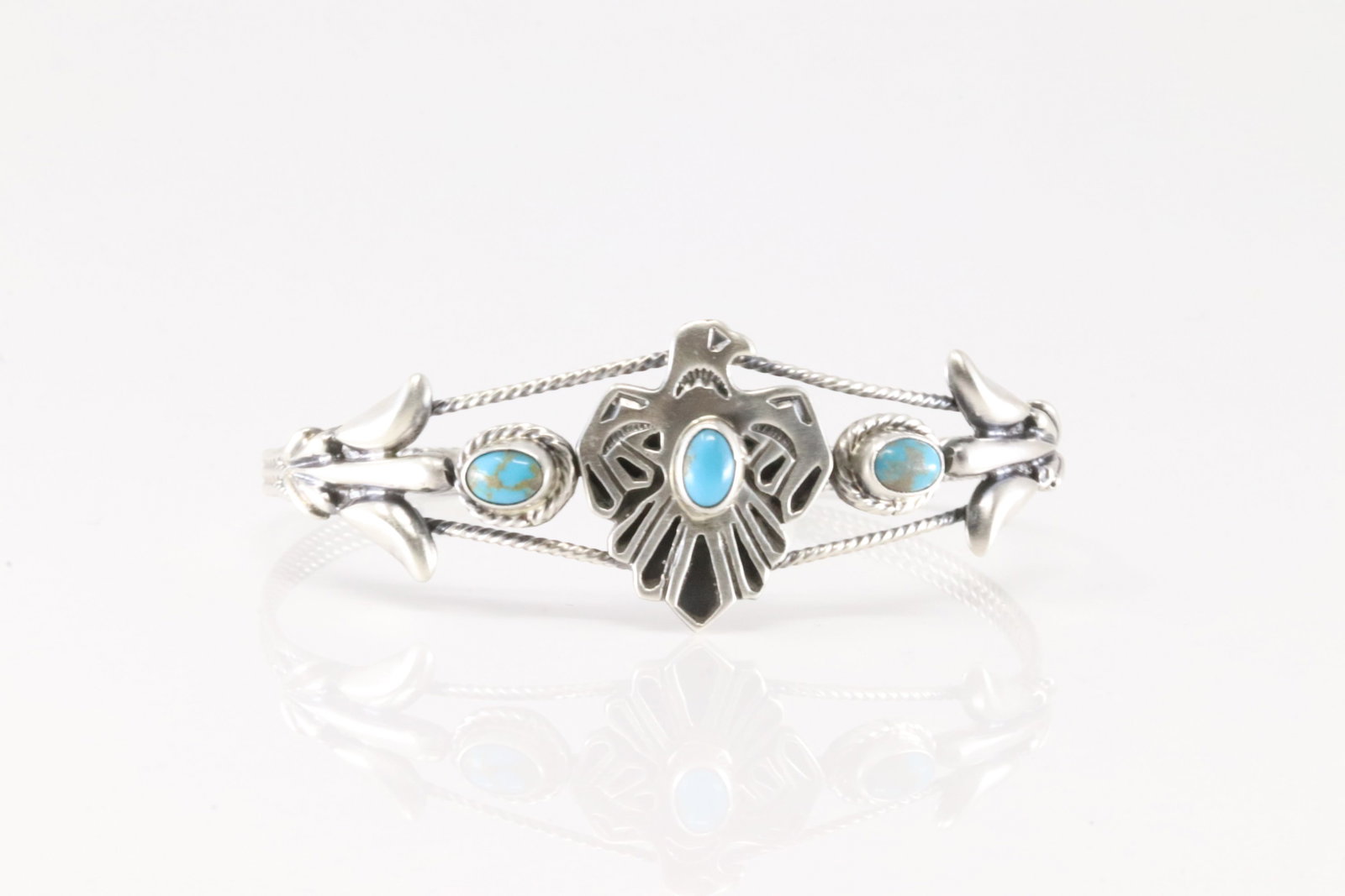 Native America Navajo Sterling Silver Turquoise Thunderbird Bracelet Cuff By Bobby Platero.: This is a Native America Navajo Sterling Silver Turquoise Thunderbird Bracelet Cuff By Bobby Platero.