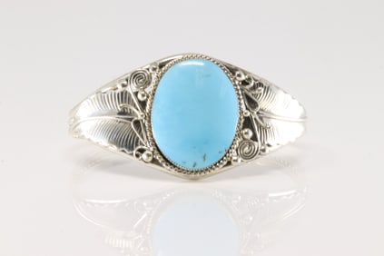 Native America Navajo Sterling Silver Turquoise Bracelet Cuff Leaf By Gilbert Smith.