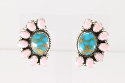 Native America Navajo Sterling Silver Pink Conch Shell & Kingman Turquoise Post Earring's By