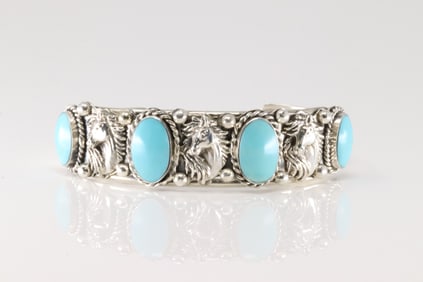 Native America Navajo Sterling Silver Turquoise Horse Bracelet Cuff By R.B.