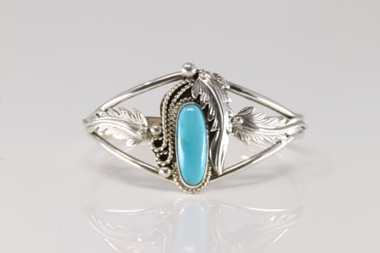 Native America Navajo Sterling Silver Turquoise Bracelet Cuff By Andrew Vandever.