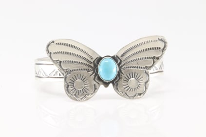 Native America Navajo Sterling Silver Kingman Turquoise Butterfly Bracelet Cuff By Rick Enriquez.
